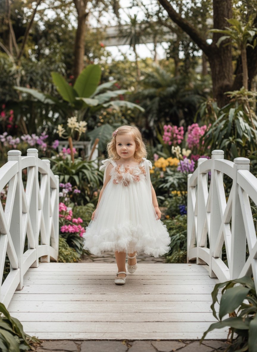 33303.jpg Βαπτιστικό Φόρεμα Κορίτσι Dolce Bambini 9777 – Παραμυθένιο Εκρού με Τούλι & Λουλούδια - Image 1