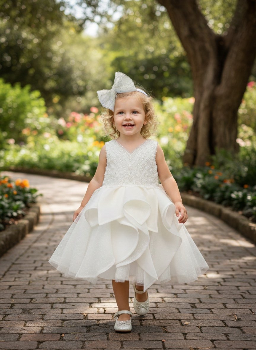 33307.jpg Βαπτιστικό Φόρεμα Κορίτσι Dolce Bambini 7012 – Εκρού Τούλι & Οργάντζα με Ανάγλυφη Δαντέλα - Image 1