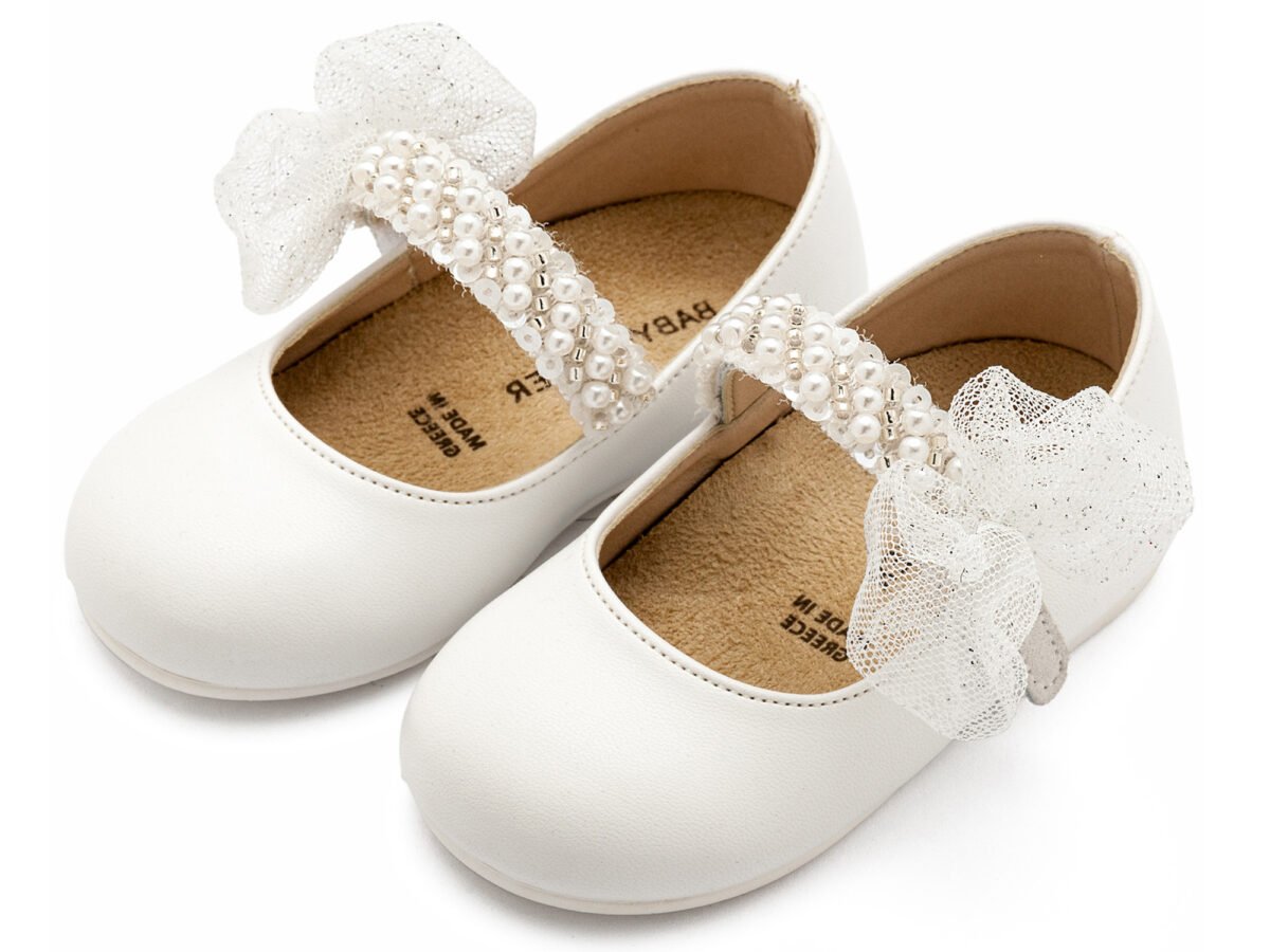 BS3596-WHITE-BABYWALKER.jpg Βαπτιστικά Παπούτσια Κορίτσι Γοβάκι Λευκό με Τούλινο Διακοσμητικό Premium - Image 1