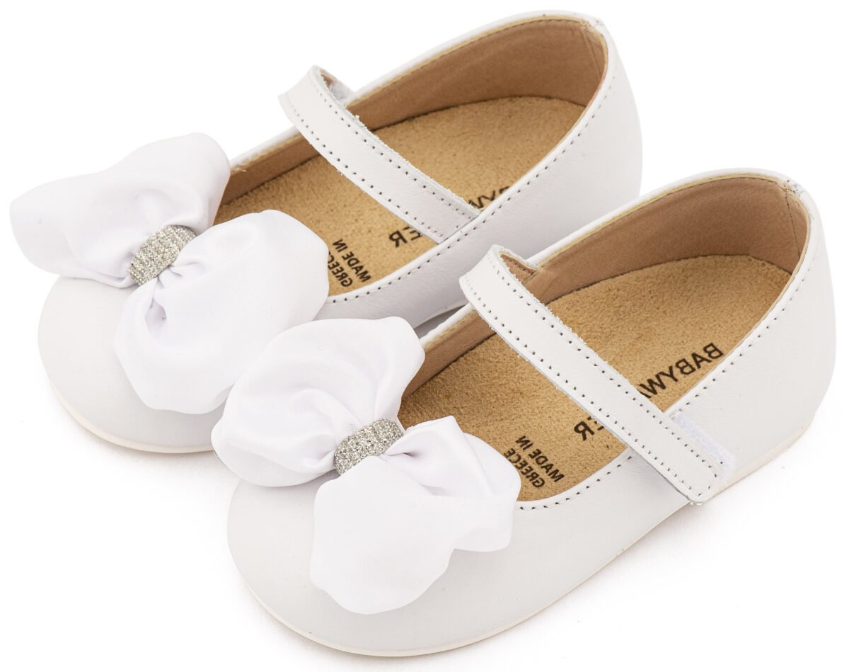 BW4893-WHITE-BABYWALKER.jpg Βαπτιστικά Παπούτσια Κορίτσι Γοβάκι Λευκό με Φιόγκο & Σκρατς Premium - Image 1