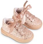 Βαπτιστικά Παπούτσια Κορίτσι Sneaker Ροζ Glitter με Κορδέλα Premium - Image 2
