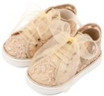 Βαπτιστικά Παπούτσια Κορίτσι Sneaker Μπεζ με Δαντέλα & Λουλούδια Premium