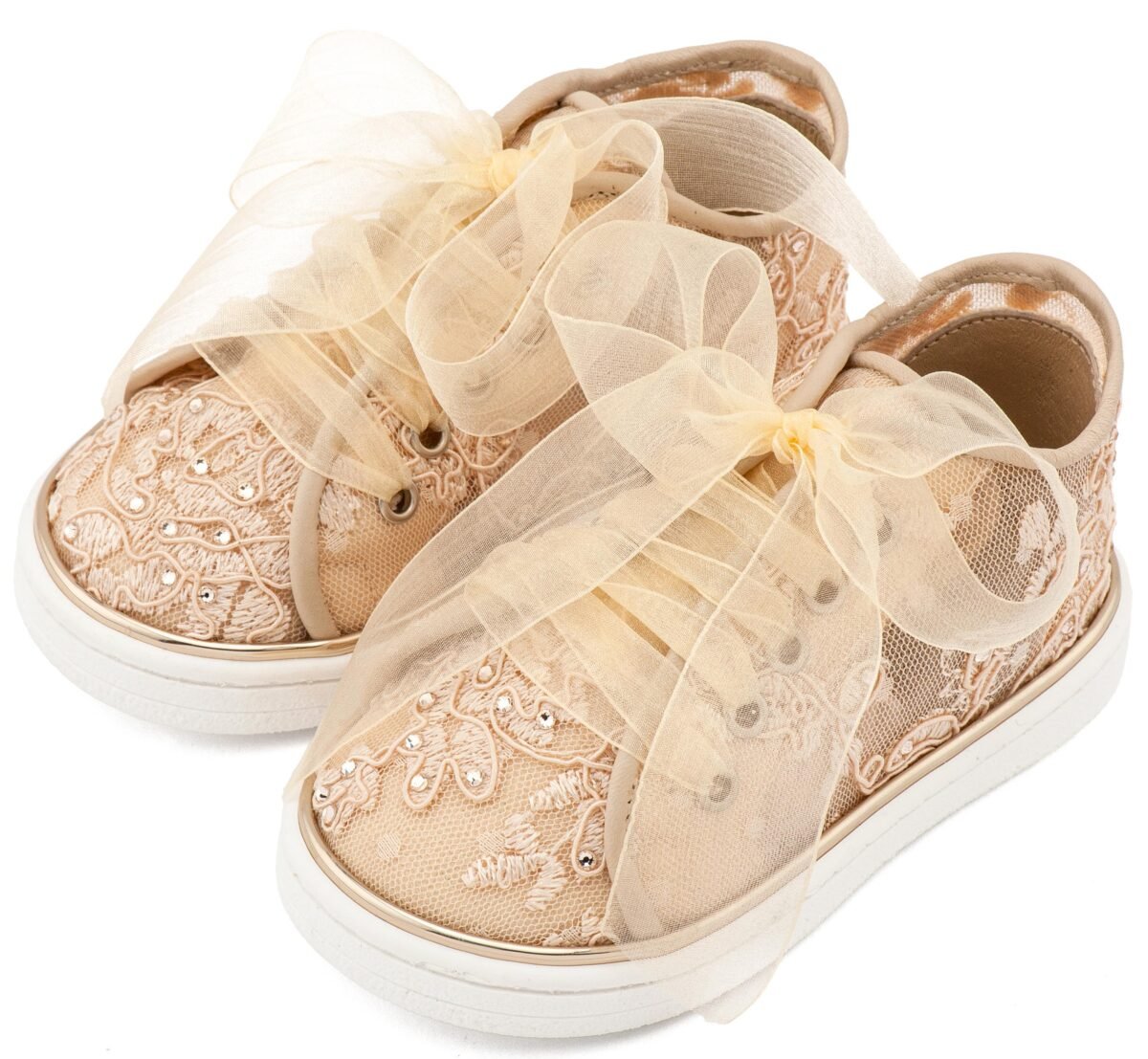 LU6129-BEIGE-BABYWALKER.jpg Βαπτιστικά Παπούτσια Κορίτσι Sneaker Μπεζ με Δαντέλα & Λουλούδια Premium - Image 1